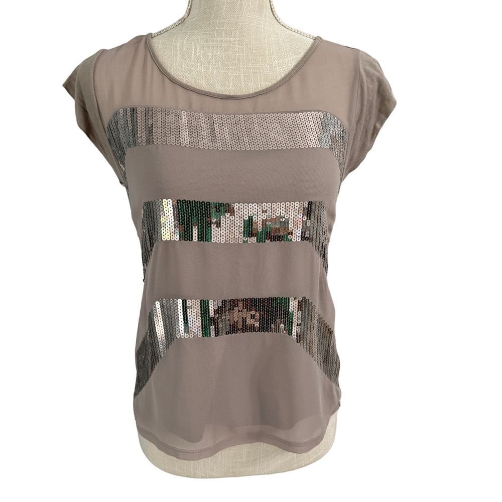 Express Top Womens XS Tan Sequin Sheer Short Sleeve High Low Blouse Vtg Y2K Chic